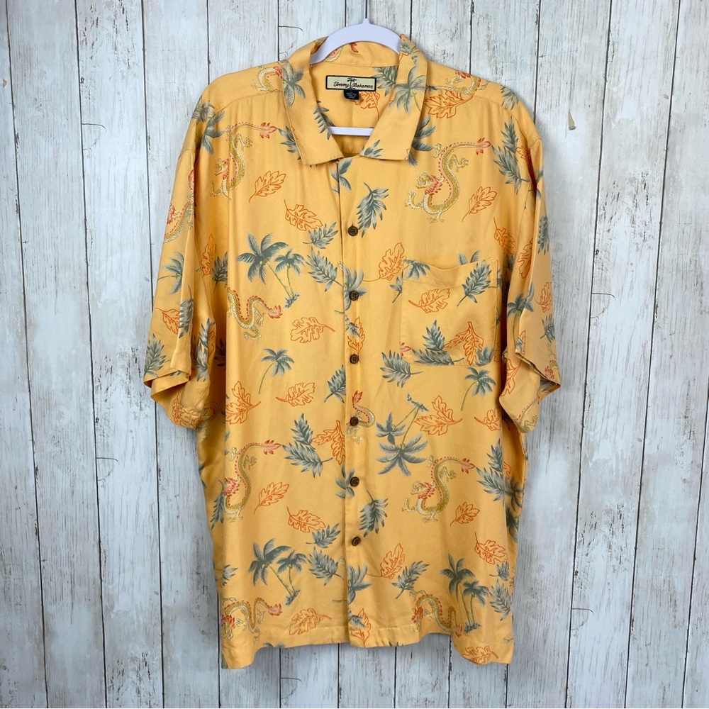 TOMMY BAHAMA 100% Silk Men's Hawaiian Orange Dragon Print Camp Shirt Sz XL